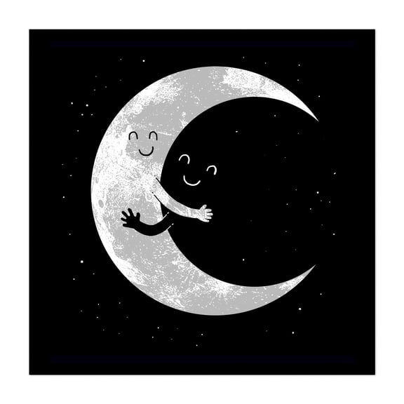Moon Hug - Digital Art Moon Space Night Sky Humor Whimsical Illustration Stars Unframed Wall Art Print 6 x 6 inches