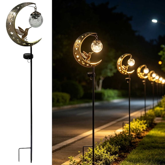 Moon Hummingbird Solar Garden Stake Light Rust Metal Crescent Moon Statue With Crackle Glass Globe Led Lamp For Yard Patio Flower Bed(Gold-85Cm)