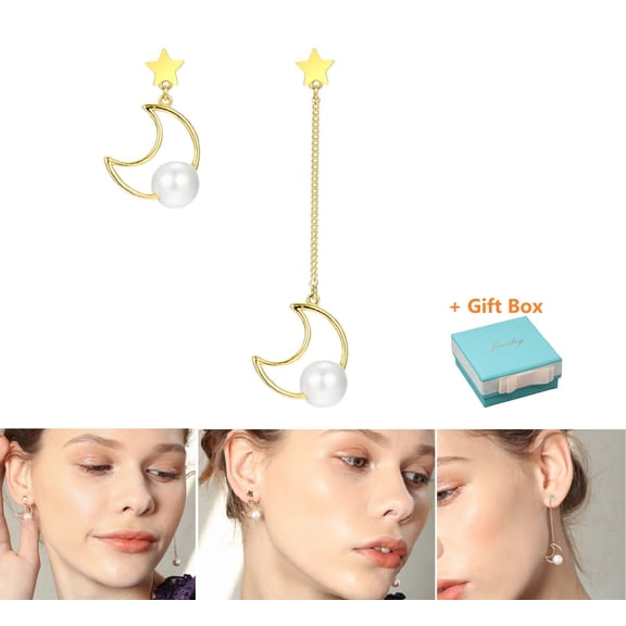 Moon Imitation Pearl Long Tassel Dangle Drop Earrings 14K Gold Plated Asymmetric AB Type Hanging Chain Earrings Jewelry Gifts for Women Wife Mom, Gold