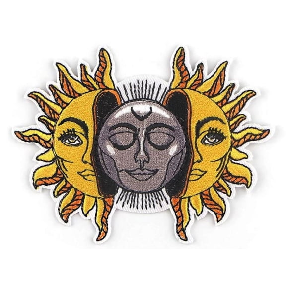Moon In Sun Symbol 3.5 Inches Wide Embroidered Iron On Patch