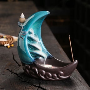 Moon Incense Burner, Ceramic Waterfall Incense Burner, Backflow Incense Holder for Aromatherapy Ornament Home Decor (Cyan)