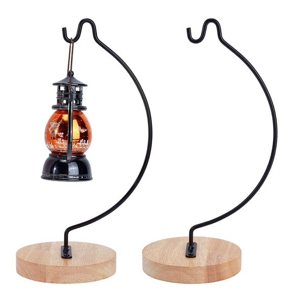 Moon Iron Bracket Glass Vase Hanging Holder with Wood Base and Screw Black 269x55x102mm