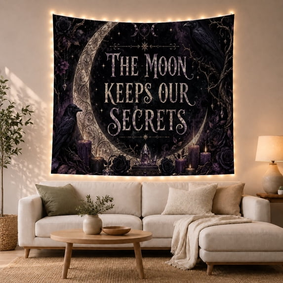 Moon Keeps Our Secrets Message With Raven and Crystals, Mystical Gothic Style for Gothic Decor Fans, Dark Moon Wall Art, Halloween Gift, Tapestry Wall Hanging for Bedroom and Dorm