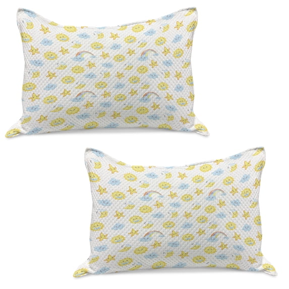 Moon Knitted Quilt Pillowcover Set of 2, Happy Smiling Moon and Stars Morning and Night Rainbows Funny Clouds, Standard Queen Pillow Sham Bedroom, 30" x 20", Pale Blue Yellow Pink, by Ambesonne