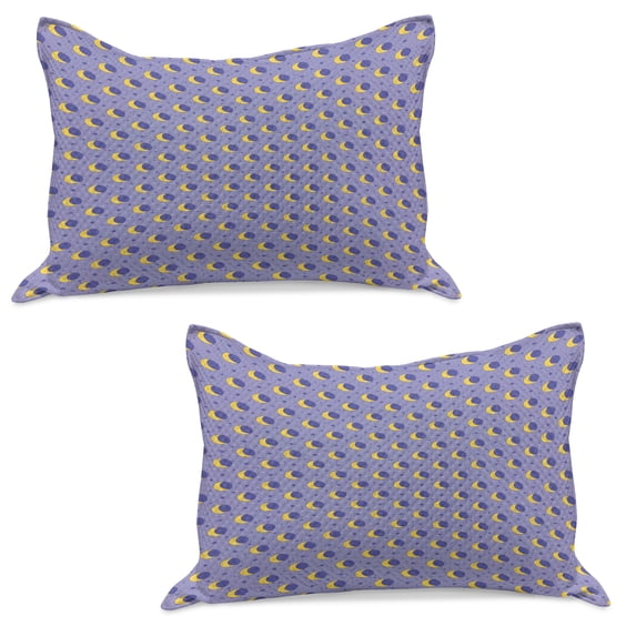 Moon Knitted Quilt Pillowcover Set of 2, Themed Pattern with Moon Stars Dots Cartoon Style Night Sky, Standard Queen Pillow Sham Bedroom, 30" x 20", Lavender and Yellow, by Ambesonne