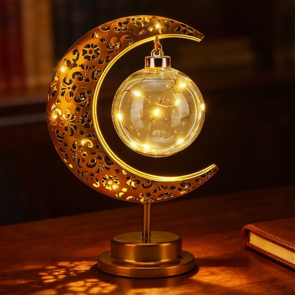 Moon Lamp, Crescent Night Light for Bedroom Desk, Battery Operated Table Lamp with Hollow Pattern, Decorative Home Light for Ramadan Christmas Boho Decor