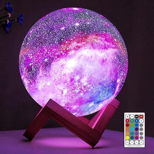 Moon Lamp Galaxy Lamp 5.9 inch 16 Colors LED 3D Moon Light, Remote & Touch Control Moon Night Light Christmas Gifts for Girls Boys Kids Women Birthday（Wooden Base）