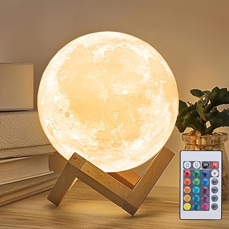 Moon Lamp with Remote Control, 16-Color LED Night Light on Wooden Stand for Bedroom Decor