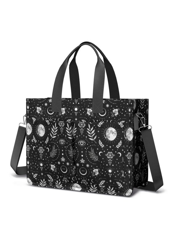 Moon and Leaf Gothic Pattern Canvas Messenger Tote Bag, Nurse Handbag with Multi Pockets & Removable Strap, Magnetic Closure Gifts for Birthday Christmas Thanksgiving