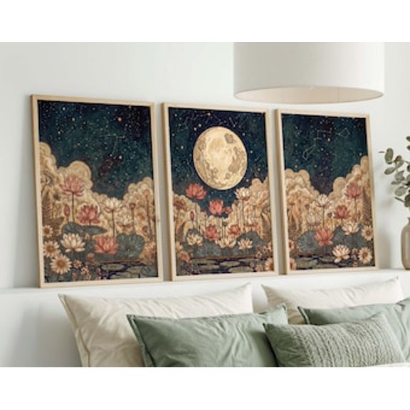 Moon Lotus Triptych Print Set, Celestial Boho Wall Art, Stretched Canvas