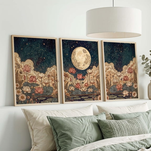 Moon Lotus Triptych Print Set, Celestial Boho Wall Art, Stretched Canvas