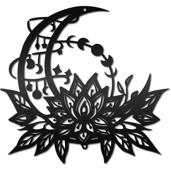 Moon Lotus Wall Decor Metal Flower Wall Art Moon Phase Black Ornaments Silhouette Signs Wall Art Hanging Sculpture for Home Bedroom Garden Office Decoration Housewarming Gift 11.8 x 11 Inch