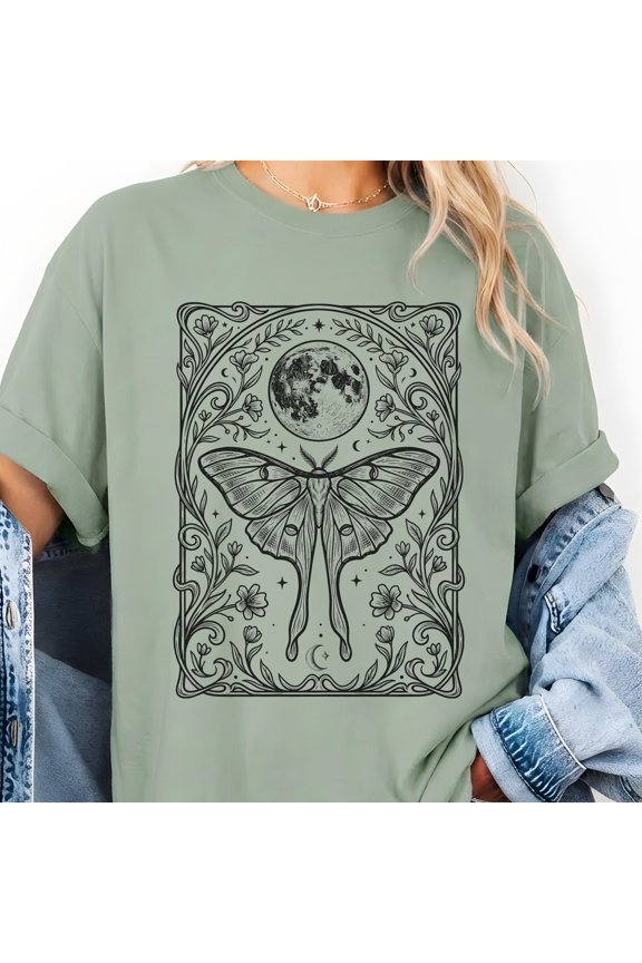 Moon Moth Illustration T-shirt, Linocut Design,, Celestial Moth Art Tee