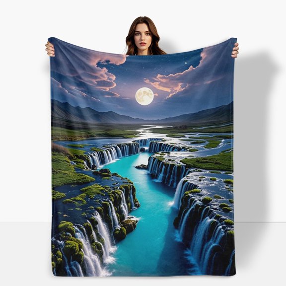 Moon Mountains Blue River Flannel Blanket Soft Warm Comfortable For Sofa Bed Travel Camping Living Room Office Chair Polyester Fiber Gift For Family Or Friends