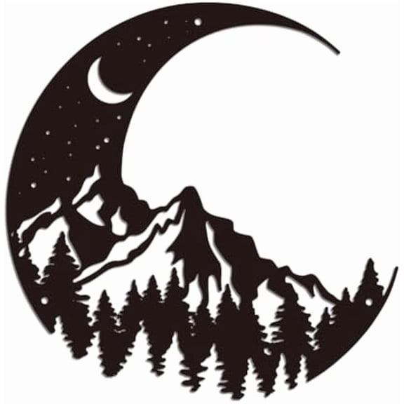Moon and Mountains Iron Wall Art Decorations Black Metal Wall Art Decor Mountains Night Scene Wall Sculptures for Home Kitchen Patio Bedroom Living Room Bathroom Outdoor Decoration Metal Black