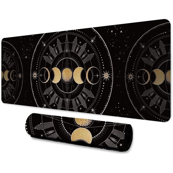 Moon Mouse Pad 31.5x11.8 Inches Bohemian Style Sun Moon Phase Mandala Flower Pattern Printed Mouse Pad for Home Studio Keyboard Table Mat BDHYMN18