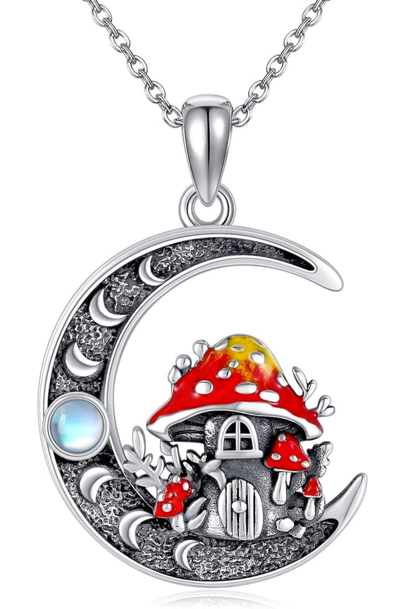 Moon Mushroom Necklace 925 Sterling Silver Magical Moonstone Mushroom House Pendant Necklace Red Mushroom Jewelry Gifts for Women