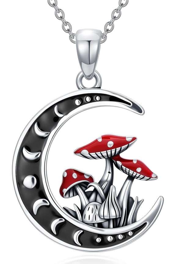 Moon Mushroom Necklace for Women 925 Sterling Silver Magical Red Mushroom Pendant Moon Phase Necklaces Mushroom Jewelry Gifts for Women Mom