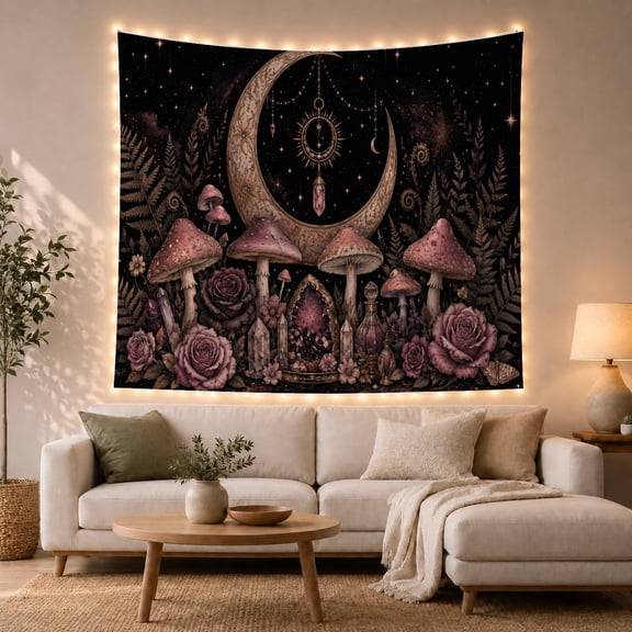 Moon and Mushrooms with Crystals on Starry Night, Mystical Celestial Art for Space Enthusiasts, Fantasy Nature Decor, Halloween Gift, Tapestry Wall Hanging for Bedroom and Dorm