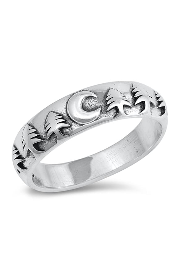 Moon Nature Pine Tree Camping Forest Ring .925 Sterling Silver Band Jewelry Female Male Size 4