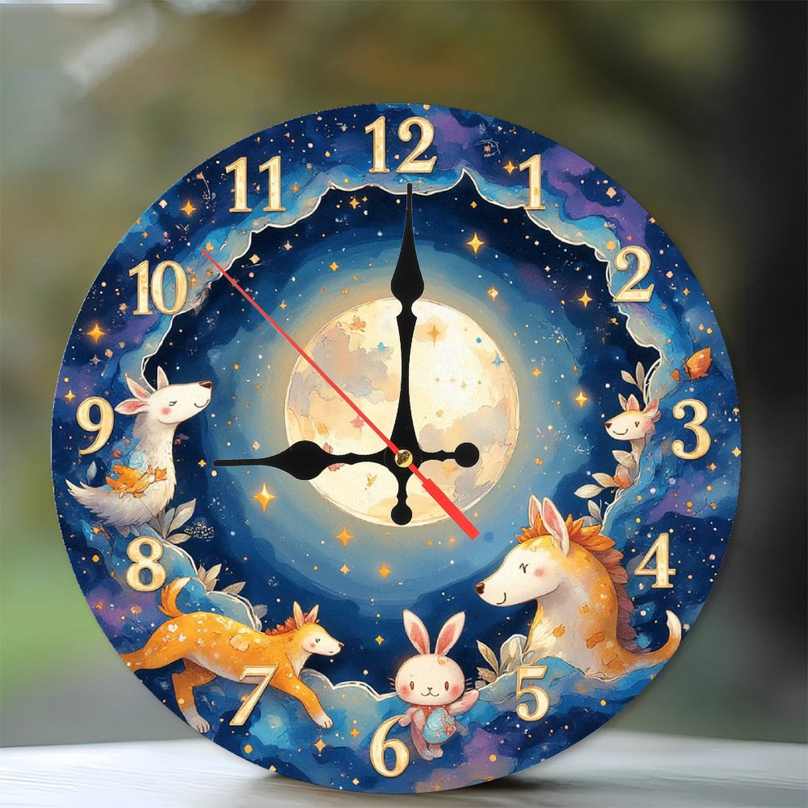 Moon Night Animals Wall Clock Cartoon Cute Rabbit Fox 10-Inch Silent ...