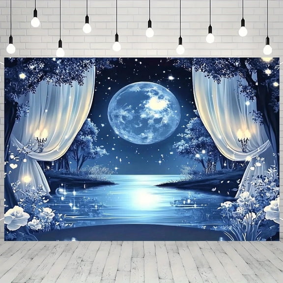 Moon Night Backdrop Blue White Floral Full Moonlight Background Riverside Night Sky White Curtain Full Moon Party Decorations Banner Supplies Photo Booth Props