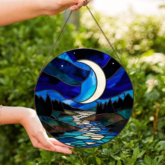 Moon Night Glass Suncatcher, Crescent Moon Window Hanging Scenic River, 6.3 in