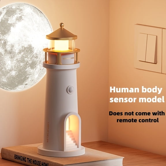 Moon Night Light with Motion Sensor, Lighthouse Projector Lamp USB Plug In White 9.45 in
