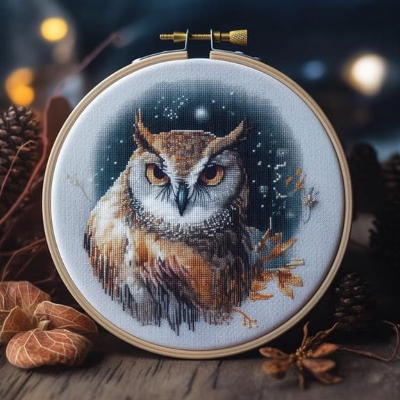 Moon Night Owl Starter Easy Cross Stitch Kits Color Stamped Embroidery Kits DIY 11CT Stamped Patterns Embroidery Needlework Kit Supplies 12 Inch Hoop Included(et-131)