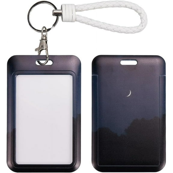 Moon Night Sliding ID Badge Holder Plastic Card Case Holder Clear Window Removable Lanyard Chain Keyring Detachable Vertical Protector for Women Nurse Teacher Student Key ID Office Worker