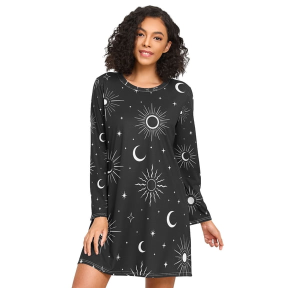 Moon Nightgowns for Women Soft Sleepwear Long Sleeves Ladies Sleepshirt Nightdress