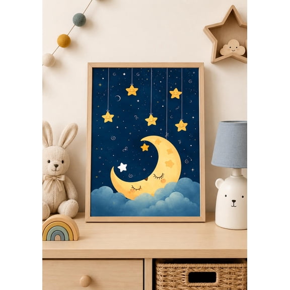Moon Nursery Wall Decor Sleeping Moon Celestial Room Decor Starry Night Baby Nursery Artwork
