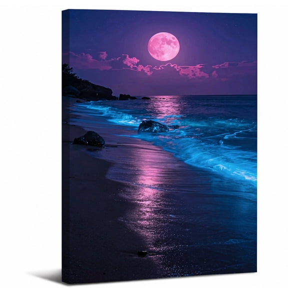 Moon Ocean Beach Canvas Wall Art Framed,Blue Glow Surf and Starry Night Landscape canvas print for bathroom bedroom or living room decor,8x12in