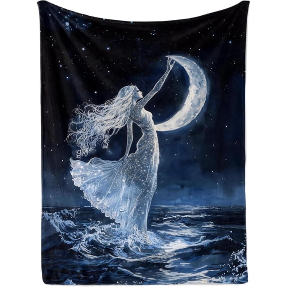 Moon Ocean Goddess Art Tapestry, Celestial Aesthetic Tapestries, Starry Night Sea Woman Crescent Moon Print Wall Hanging for Bedroom Living Room Dorm Decor 30x40inch