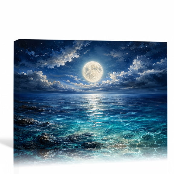 Moon Ocean Night Sky Landscape Canvas Wall Art Blue Coastal Painting Gallery Wrapped Canvas Decor for Living Room Bedroom 24"L x 16"W