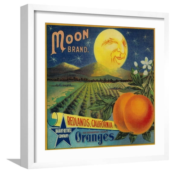 Art.com Moon Orange Label - Redlands, CA Art Print by Lantern Press, White Frame Wall Art, 21" x 21"