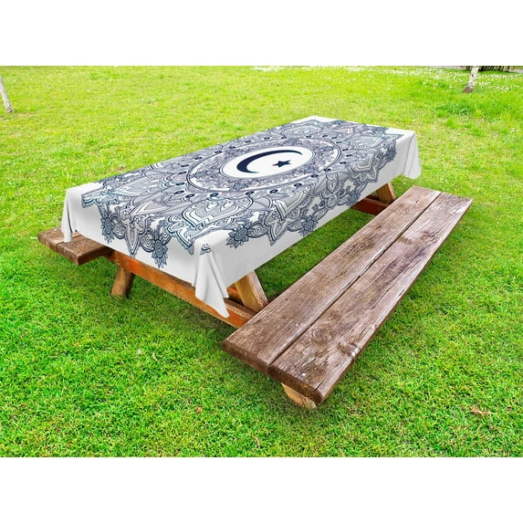 Moon Outdoor Tablecloth, Arabesque Symbol Eastern Design Religious Celebration Vintage Circle Pattern, Decorative Washable Fabric Picnic Table Cloth, 58 X 84 Inches,Dark Blue Teal White, by Ambesonne