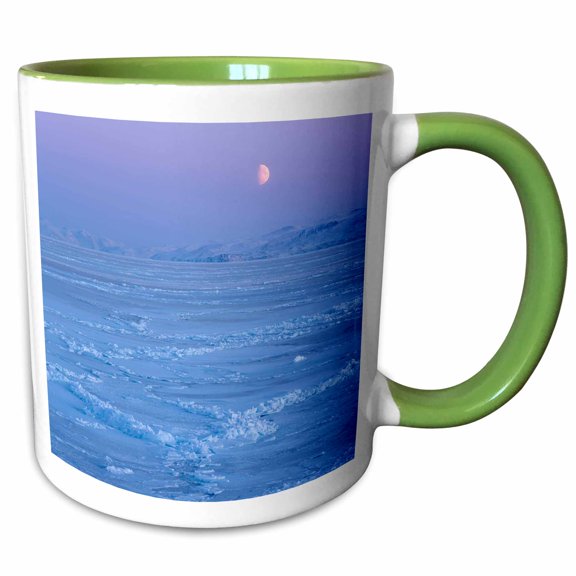 3drose, Moon Over Frozen Disko Bay, Disko Island in the Background. Greenland, 11oz Two-tone Green Mug