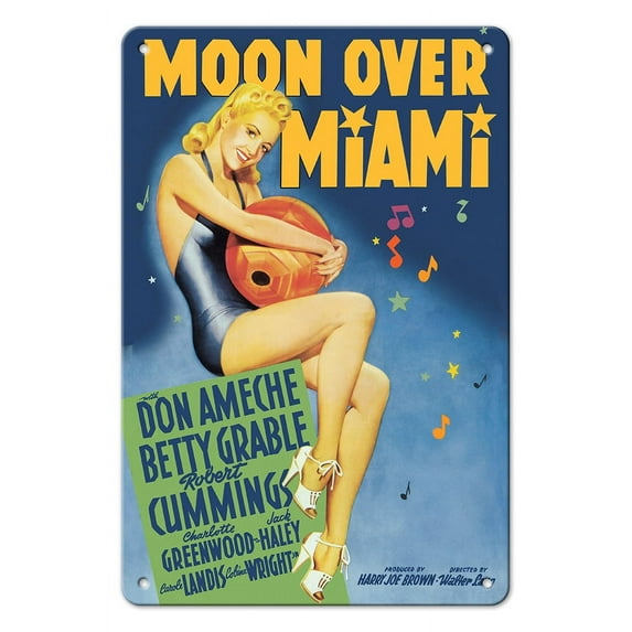 Moon Over Miami - Starring Betty Grable - Vintage Film Movie Poster by Alberto Vargas c.1941 - 8 x 12 inch Vintage Metal Tin Sign