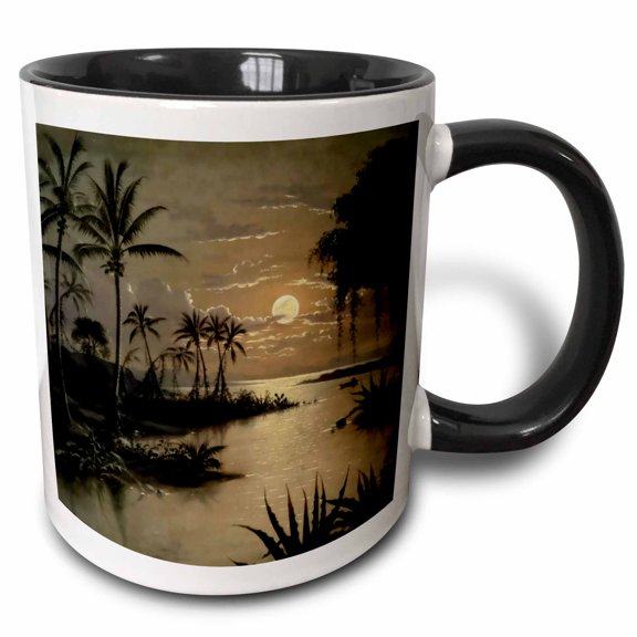 3drose, Moon Over Nicaragua Tropical Paradise Night Art by Fortunato Arriola, 15oz Two-tone Black Mug