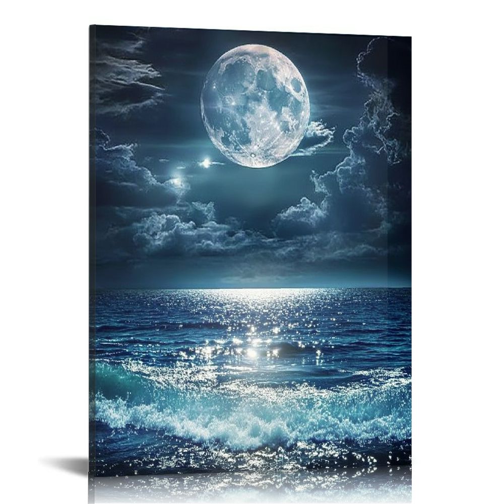 Moon Over Ocean Canvas Wall Art Night Sky Full Cloud Painting Canvas ...