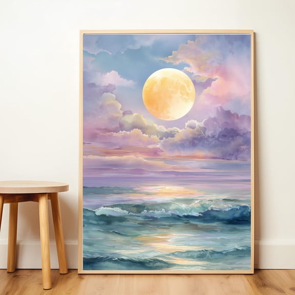 Moon Over Ocean Wall Art Coastal Full Moon Night Sky, Unframed Paper Poster 8x10in