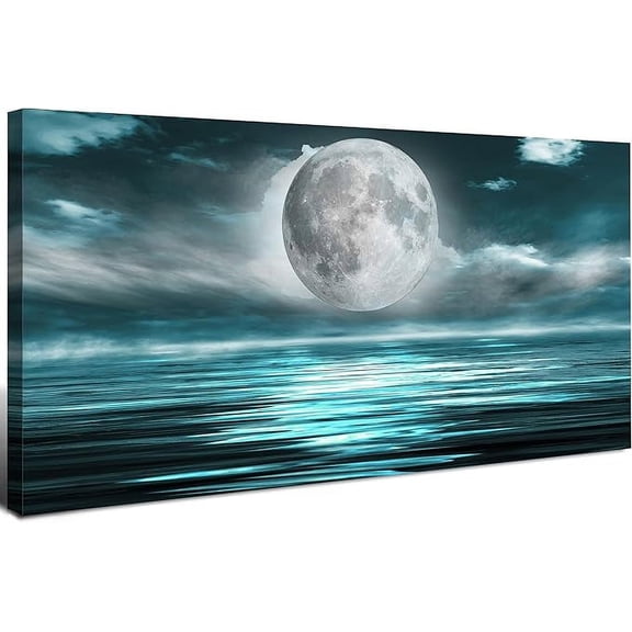 Moon Over Ocean Wall Art Teal Wall Decor Ocean Seascape Canvas Prints Poster Nature Full Moon White Cloud Landscape Painting Modern Nature Artwork for Living Room