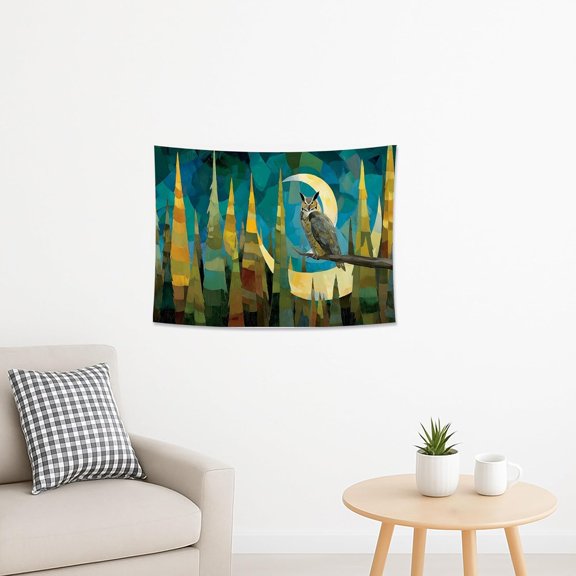 Moon Owl Green Tapestry, Geometric Pine Trees Aesthetic Wall Hanging, Nature Themed Decor for Living Room, Bedroom, Dorm 40x30 Inch