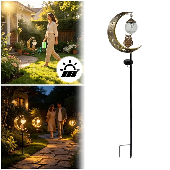 Moon Owl Solar Garden Stake Light Crackle Glass Led Lamp Weatherproof Outdoor Decor For Yard Pathway(Gold-85Cm)