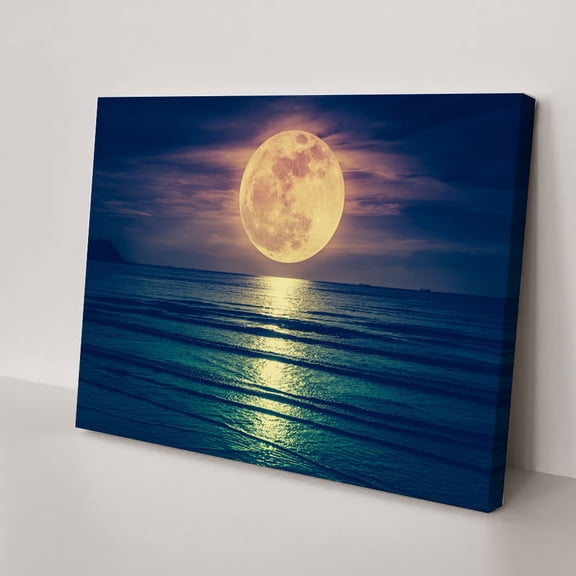 Moon Painting Wall Art Canvas Moonrise at Sea Ocean Framed Canvas for Living Room Decorations Home Office Modern Landscape Nature Print Ready to Hang Bedroom(12" W x 8" H,Framed)