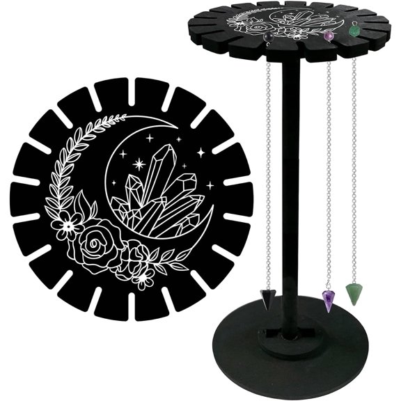 Moon Pendulum Shelf with 3Pcs Chains Pendant Display Holder Stand Black Wooden Dowsing Divination Metaphysical Boards Witchy Stuff for Home Hanging Stone Essential Oil Decor diy