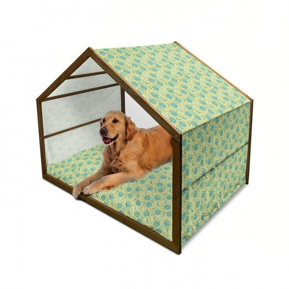 Moon Pet House, Grunge States of the Moon Stars Pattern Vintage Color Palette Retro Design, Outdoor & Indoor Portable Dog Kennel with Pillow and Cover, 5 Sizes, Yellow Turquoise Teal, by Ambesonne