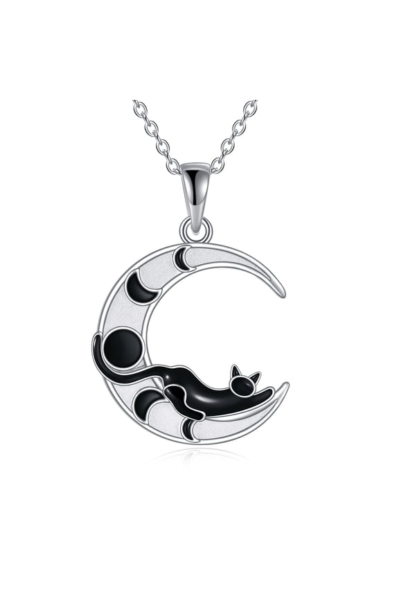 Moon Phase Black Cat Necklaces for Womens Cat Lovers Sterling Silver Kitten Pendant Jewelry Gift