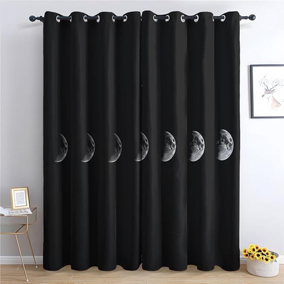 Moon Phase Blackout Curtains For Bedroom Living Room, Black And White Curtains & Home Decor, Celestial Window Curtains, Thermal Room Darkening Grommet Drapes 26"W x 45"L (Pack of 2)